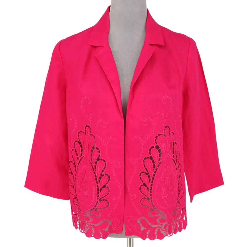 Chicos Jacket 0 Womens 4 Small Linen Pink Embroidered Cut Outs Open Lightweight